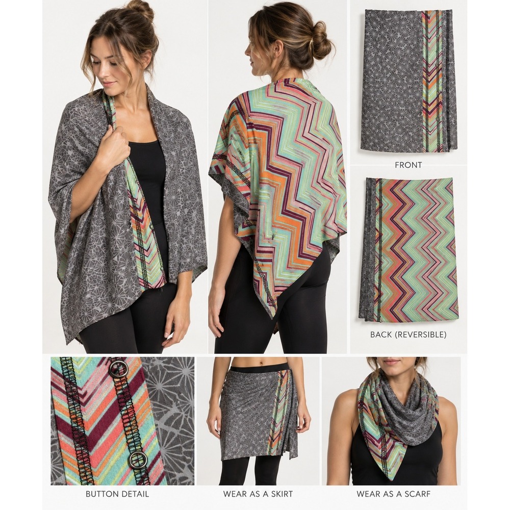 Reversible Multi-Way Wrap Scarf Gray Floral & Colorful Chevron Button Snap Shawl